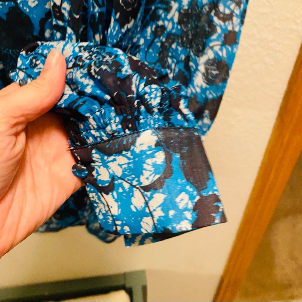 ANTHROPOLOGIE Sheer Printed Western Peasant Blouse Blue Black Floral - Picture 9 of 10